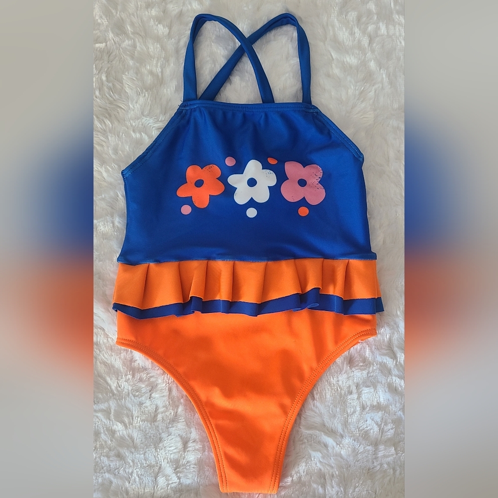 Kid Cool Orange Blue 1 Pc Swimsuit, Sz 10/10 Years